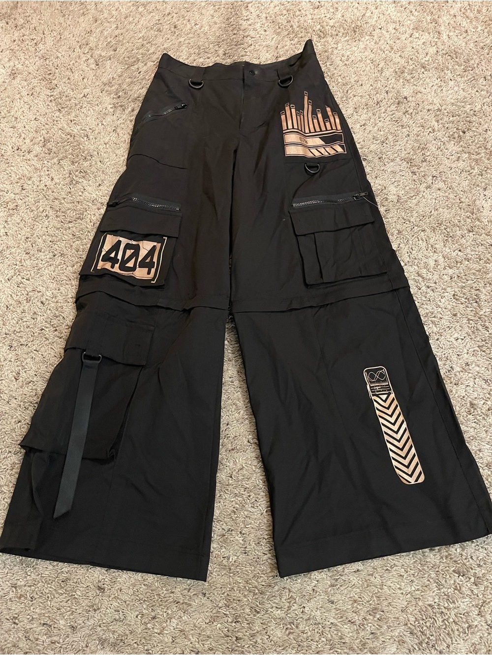 Black Wide-Leg Cargo Pants with Beige Reflective Graphic Accents